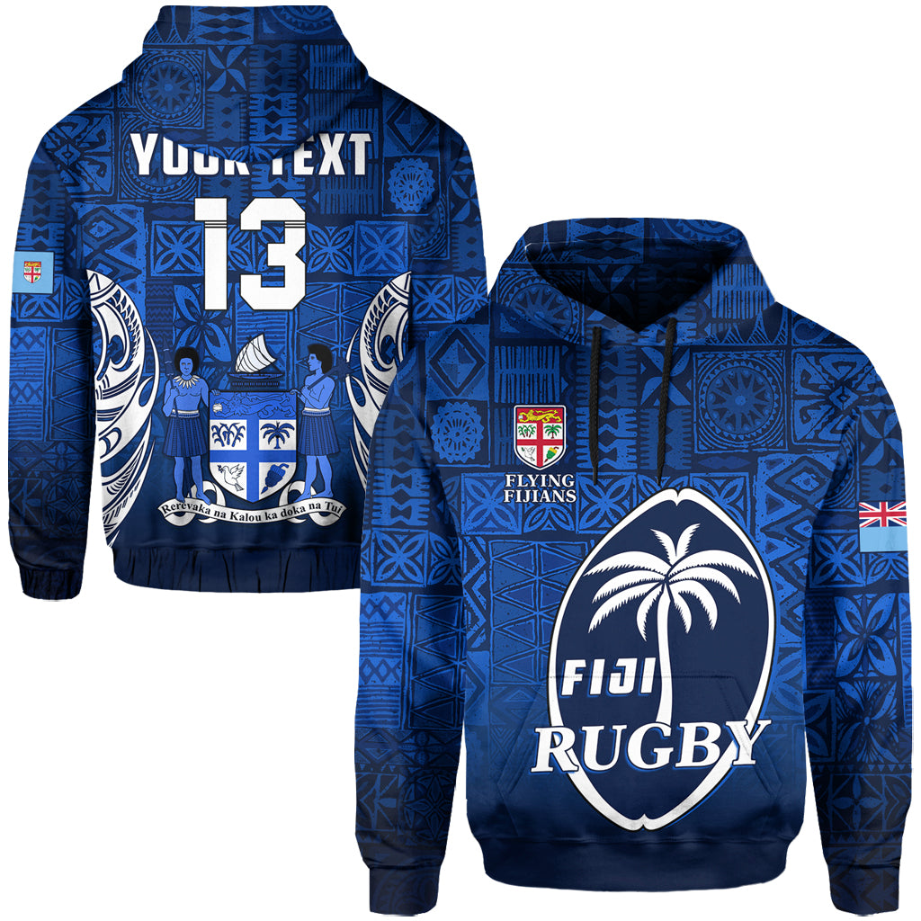 (Custom Text and Number) Fiji Rugby Hoodie Flying Fijians Blue Tapa Pattern LT13 Unisex Blue - Polynesian Pride