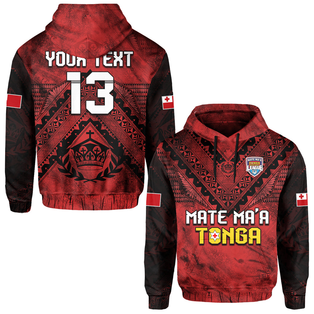 (Custom Text and Number) Tonga Rugby MMT Hoodie Ngatu Mate Maa Tonga Grunge LT13 Pullover Hoodie Red - Polynesian Pride