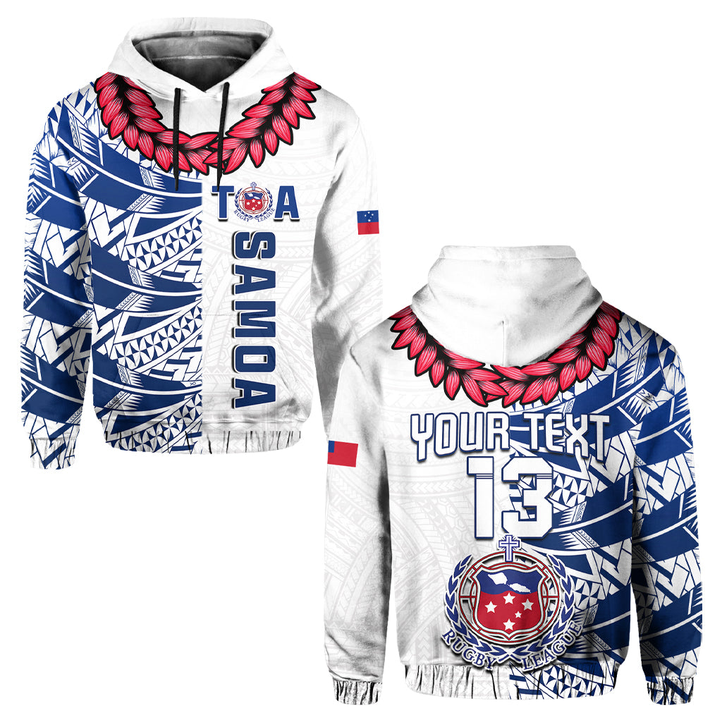 (Custom Text and Number) Toa Samoa Rugby Hoodie Siamupini Ula Fala White LT13 Pullover Hoodie White - Polynesian Pride