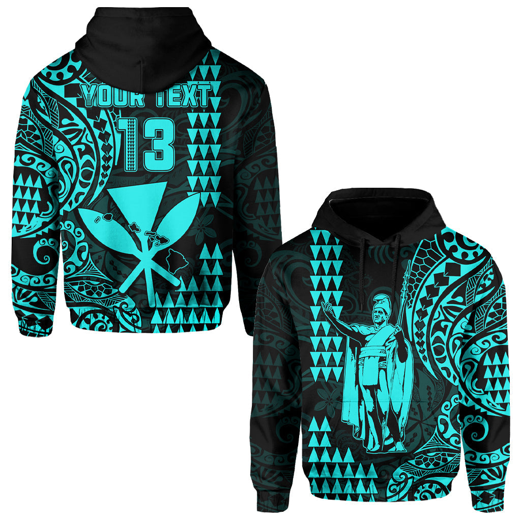 (Custom Text and Number) Hawaii Day Kakau Hoodie Proud To Be Hawaiian Turquoise King Kamehameha and Kanaka Maoli LT13 Pullover Hoodie Turquoise - Polynesian Pride