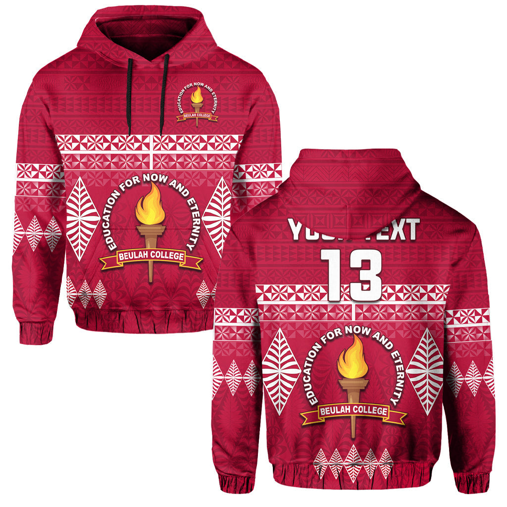 (Custom Text and Number) Beulah College Hoodie Ngatu Pattern Tonga LT13 Maroon - Polynesian Pride