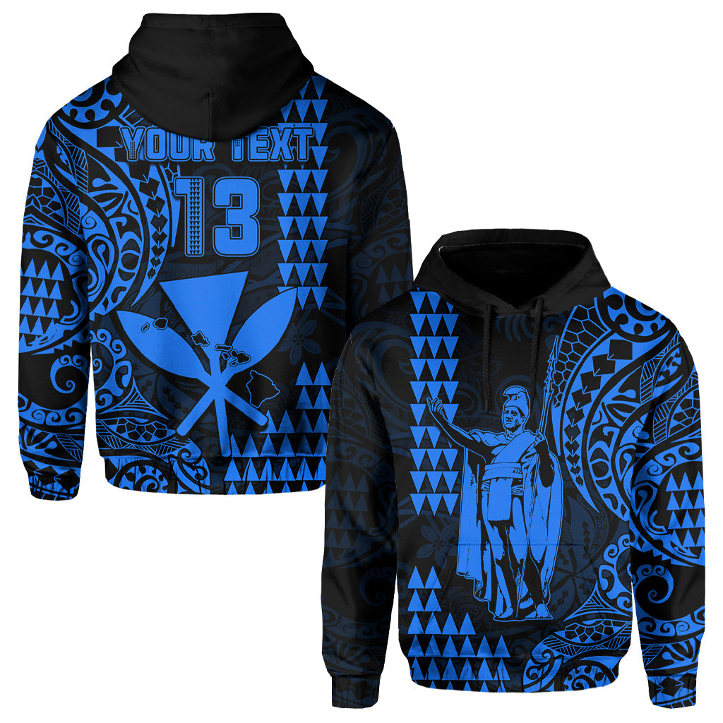 (Custom Text and Number) Hawaii Day Kakau Hoodie Proud To Be Hawaiian Blue King Kamehameha and Kanaka Maoli LT13 Pullover Hoodie Blue - Polynesian Pride