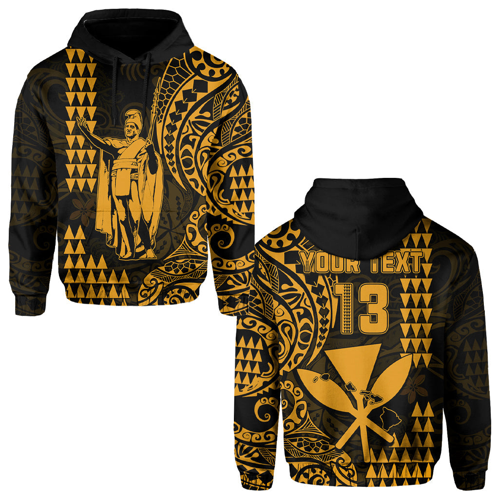 (Custom Text and Number) Hawaii Day Kakau Hoodie Proud To Be Hawaiian Gold King Kamehameha and Kanaka Maoli LT13 Pullover Hoodie Gold - Polynesian Pride