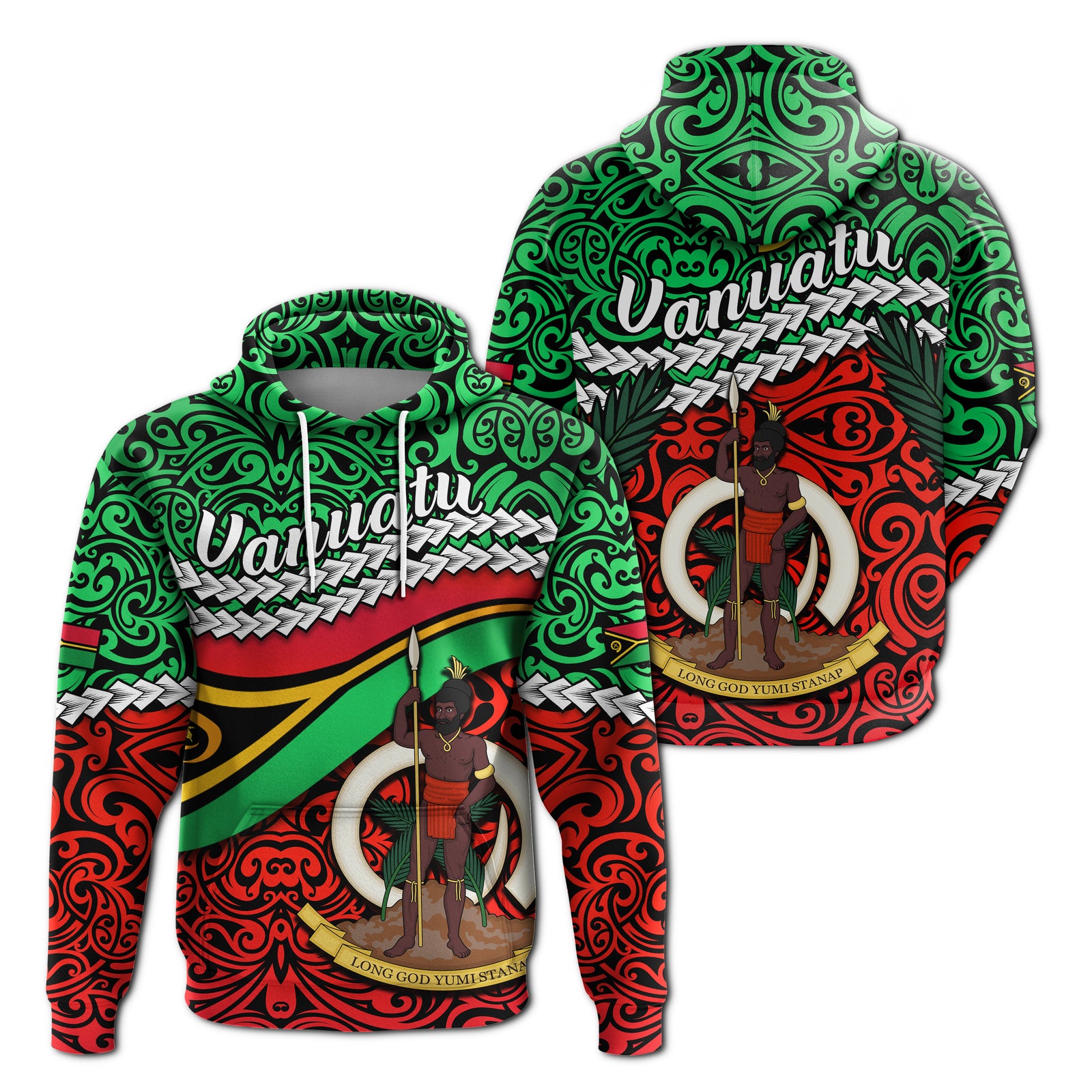 Proud Vanuatu Hoodie Pattern Mix Flag LT13 Unisex Green - Polynesian Pride