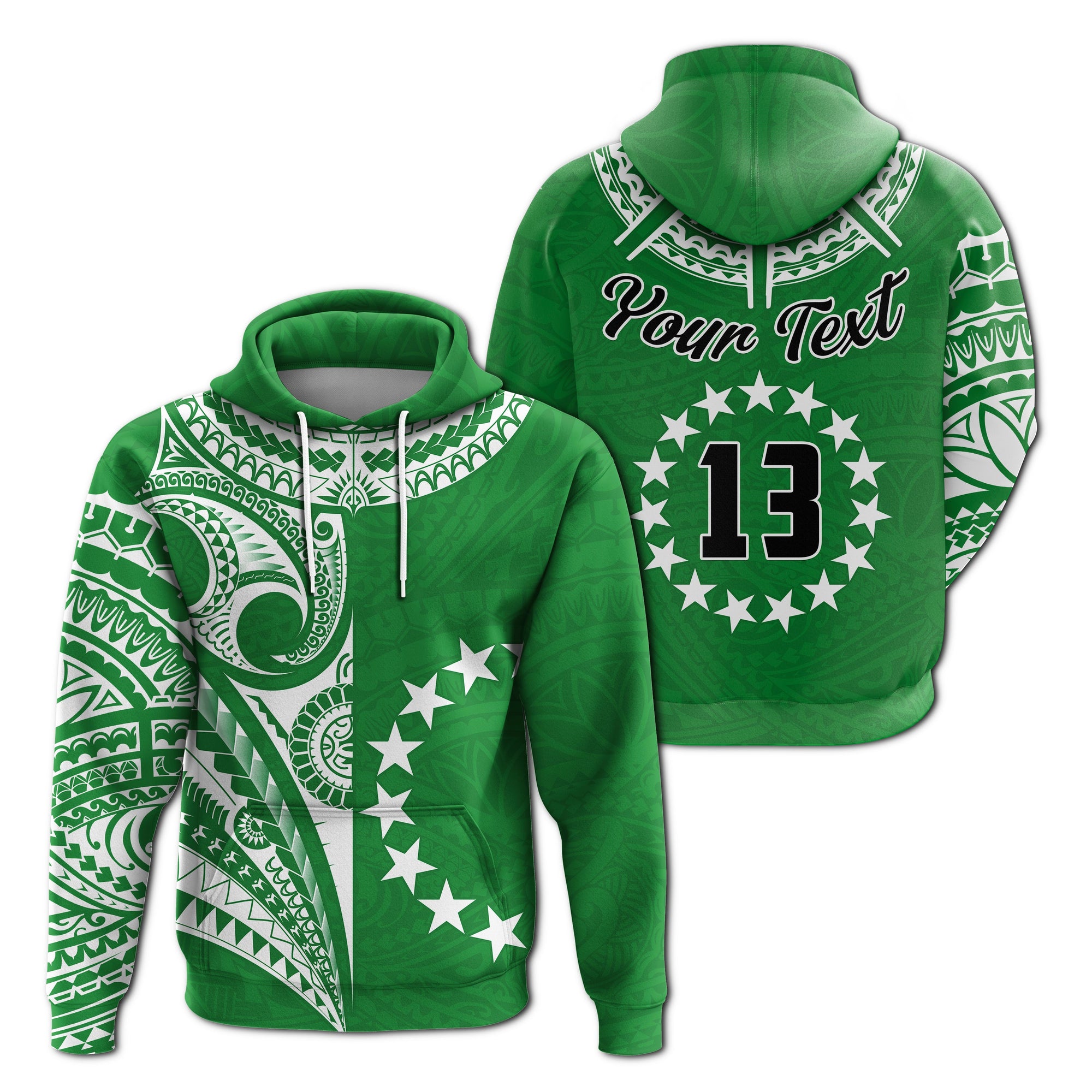 (Custom Text and Number) Cook Islands Tatau Hoodie Symbolize Passion Stars Version Green LT13 Green - Polynesian Pride