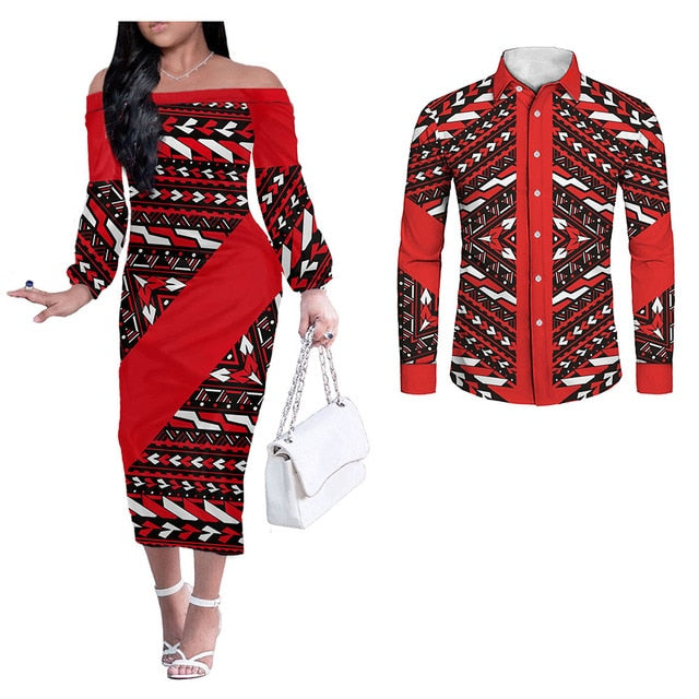 Hawaii Tribal Matching Hawaiian Outfits Polyensian Long Sleeve Dress And Long Sleeve Button Shirt Red Style Blue - Polynesian Pride