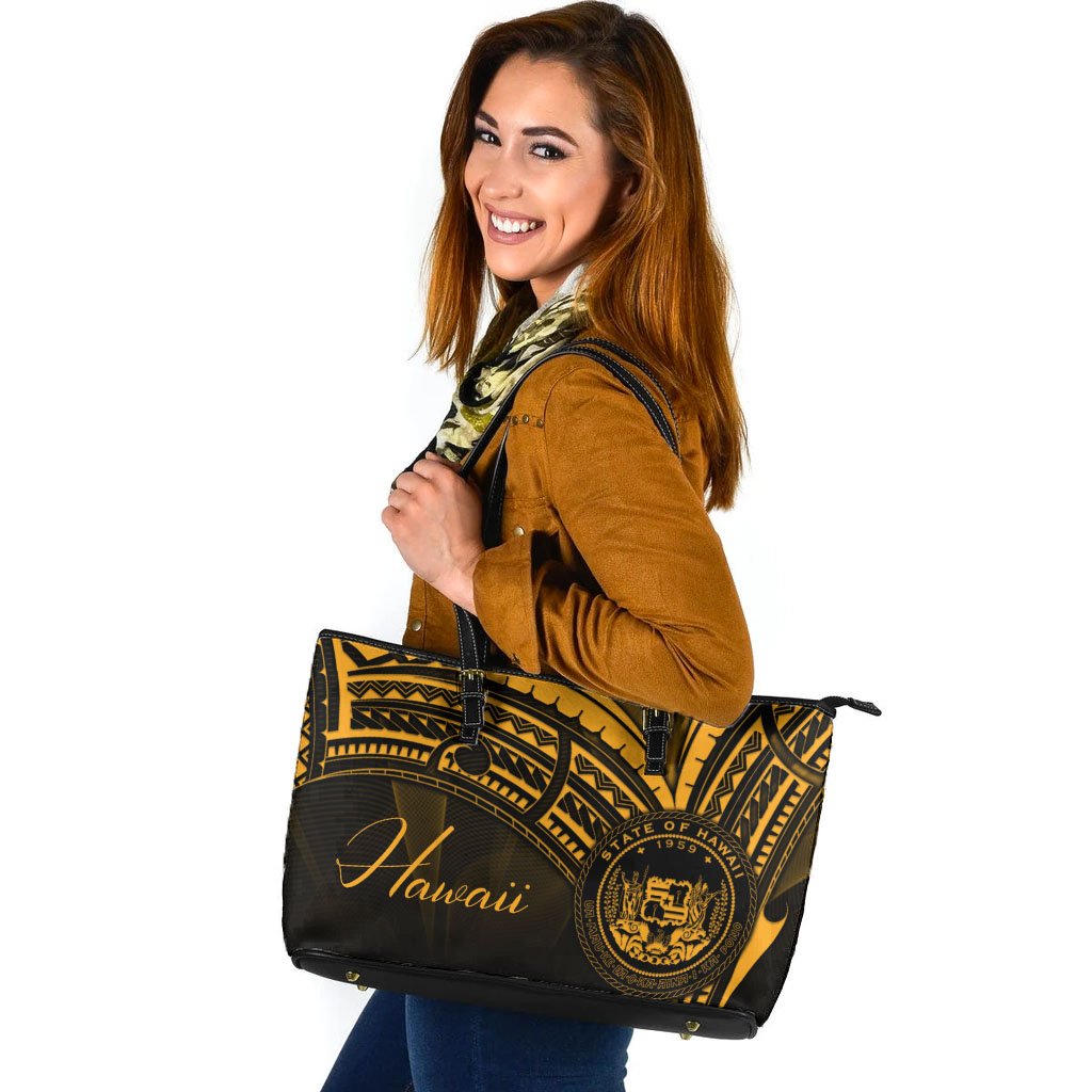 Hawaii Leather Tote - Gold Color Cross Style Black - Polynesian Pride