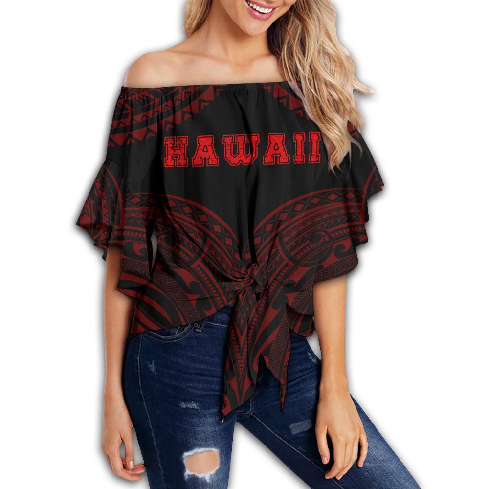 Hawaiian Kanaka Map Polynesian Women's Off Shoulder Wrap Waist Top - Red - Brad Style - AH Female Red - Polynesian Pride