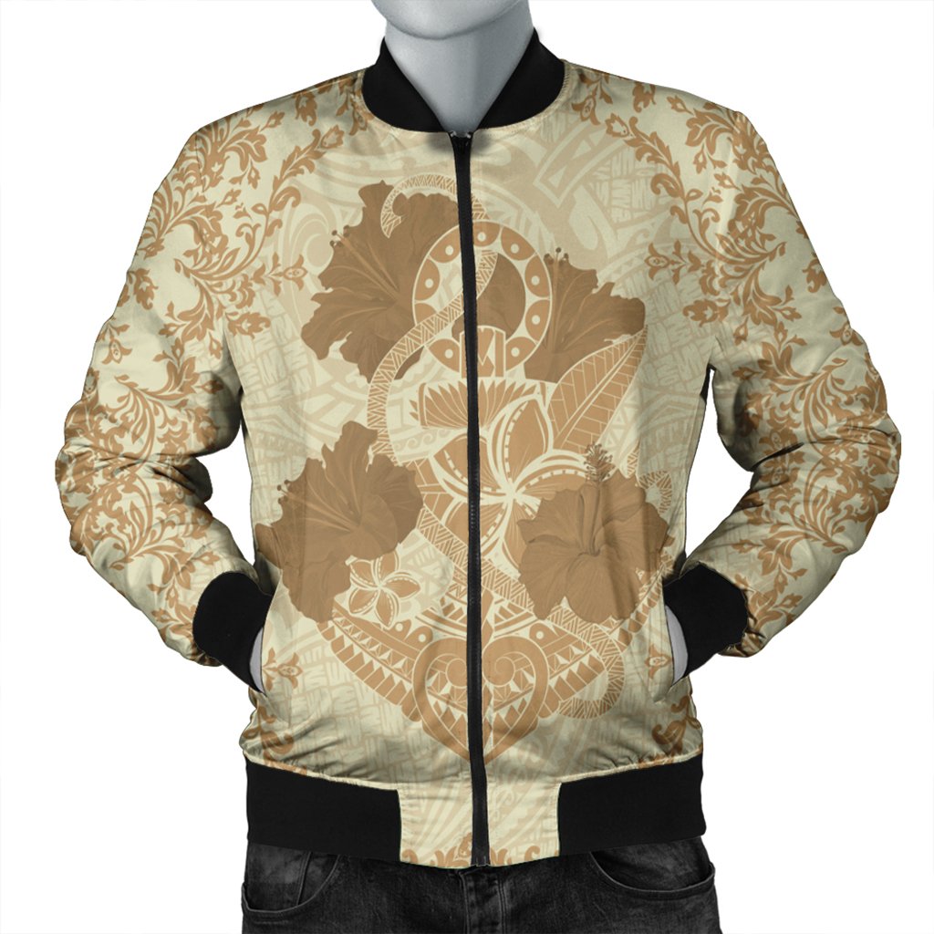 Hawaii Anchor Hibiscus Flower Vintage Bomber Jacket - AH - Beige Black Unisex - Polynesian Pride