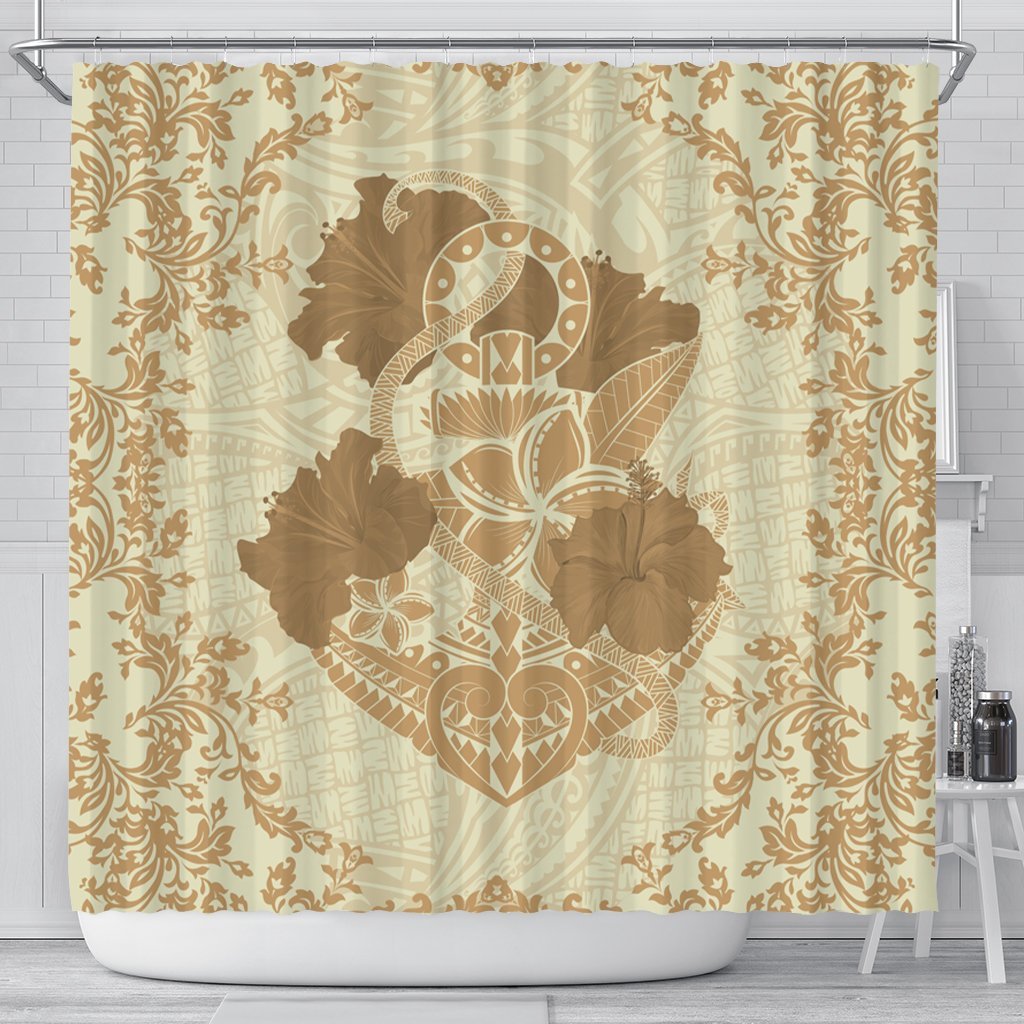 Hawaii Anchor Hibiscus Flower Vintage Shower Curtain - AH - Beige 177 x 172 (cm) Black - Polynesian Pride