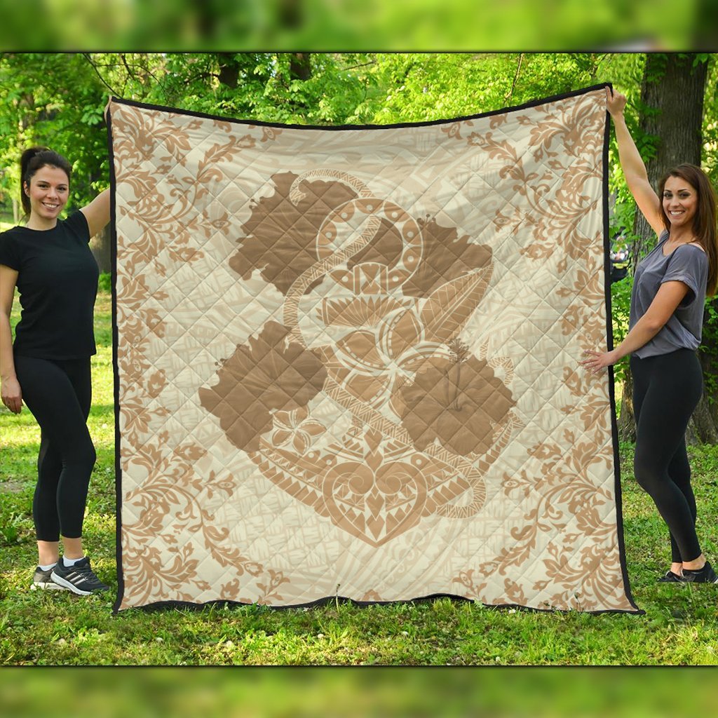 Hawaii Anchor Hibiscus Flower Vintage Premium Quilts - AH - Beige Black - Polynesian Pride