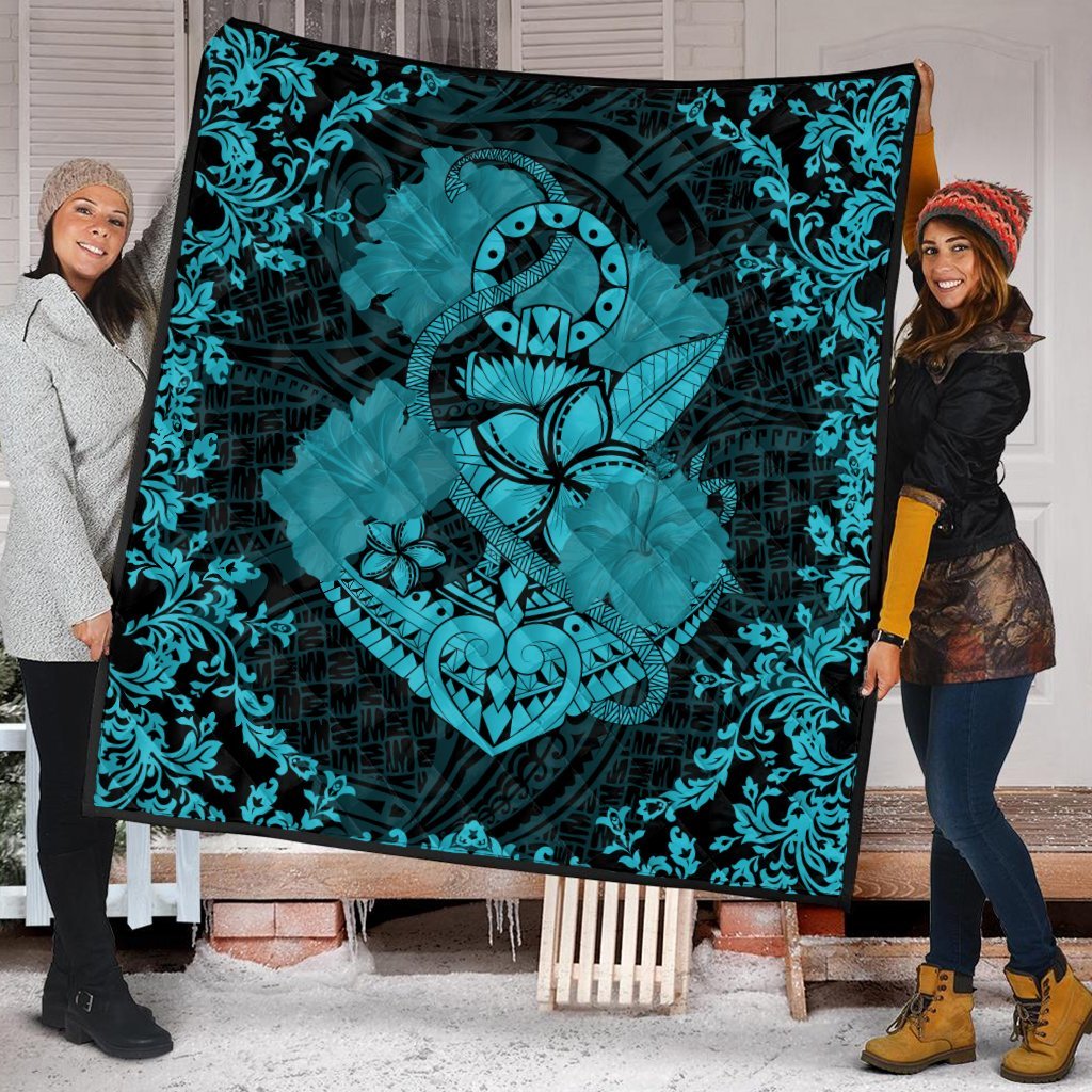 Hawaii Anchor Hibiscus Flower Vintage Premium Quilts - AH - Blue - Polynesian Pride