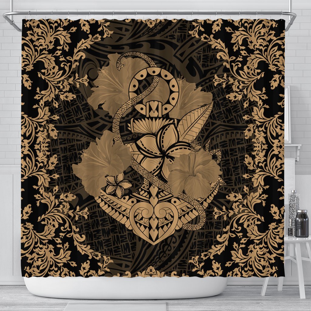 Hawaii Anchor Hibiscus Flower Vintage Shower Curtain - AH - Gold 177 x 172 (cm) Black - Polynesian Pride