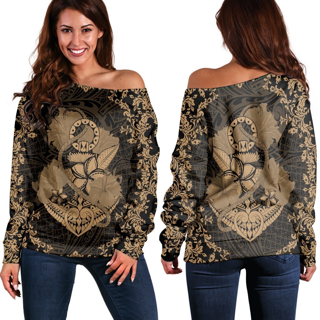 Hawaii Anchor Hibiscus Flower Vintage Women's Off Shoulder Sweater - AH - Gold Black - Polynesian Pride