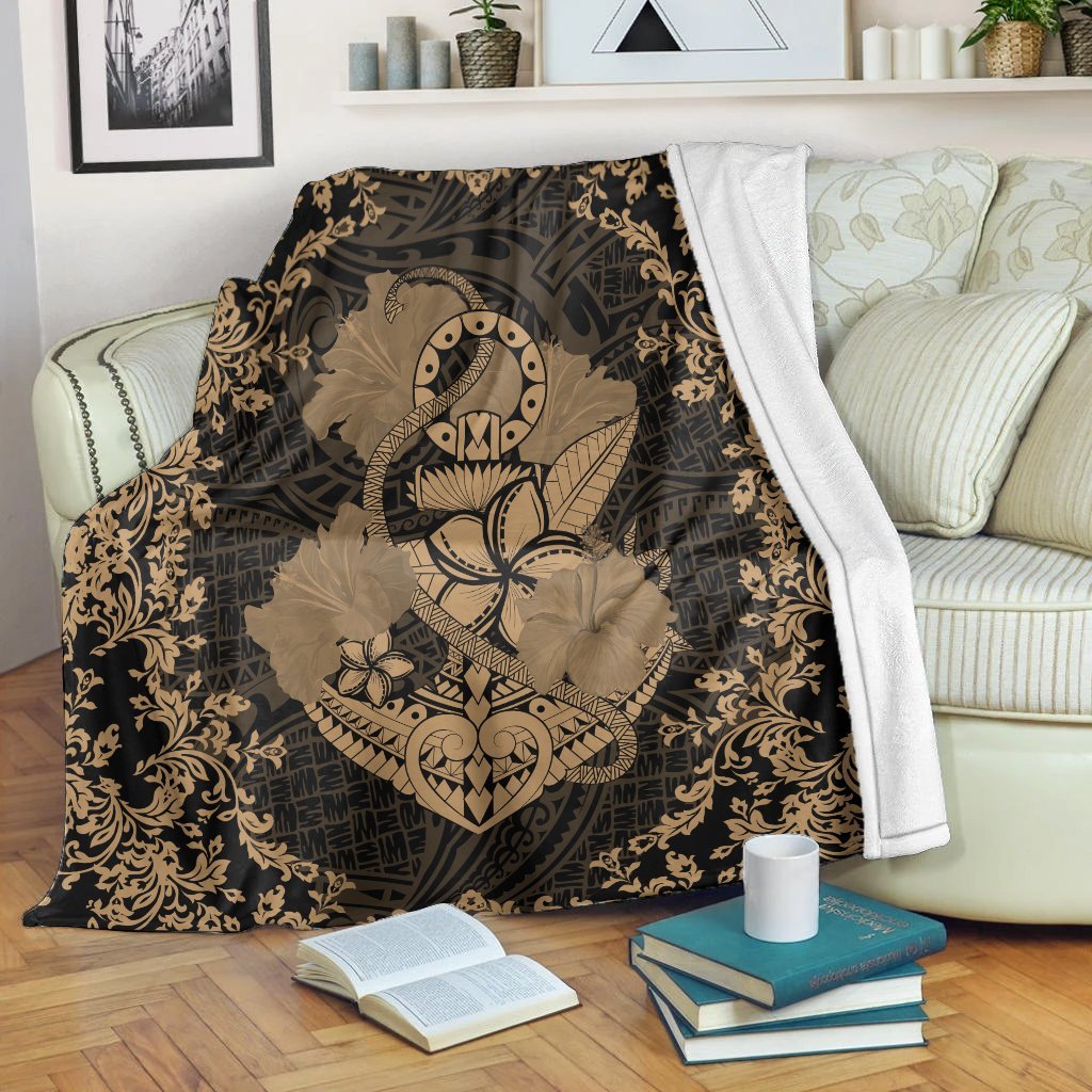 Hawaii Anchor Hibiscus Flower Vintage Premium Blankets - AH - Gold White - Polynesian Pride