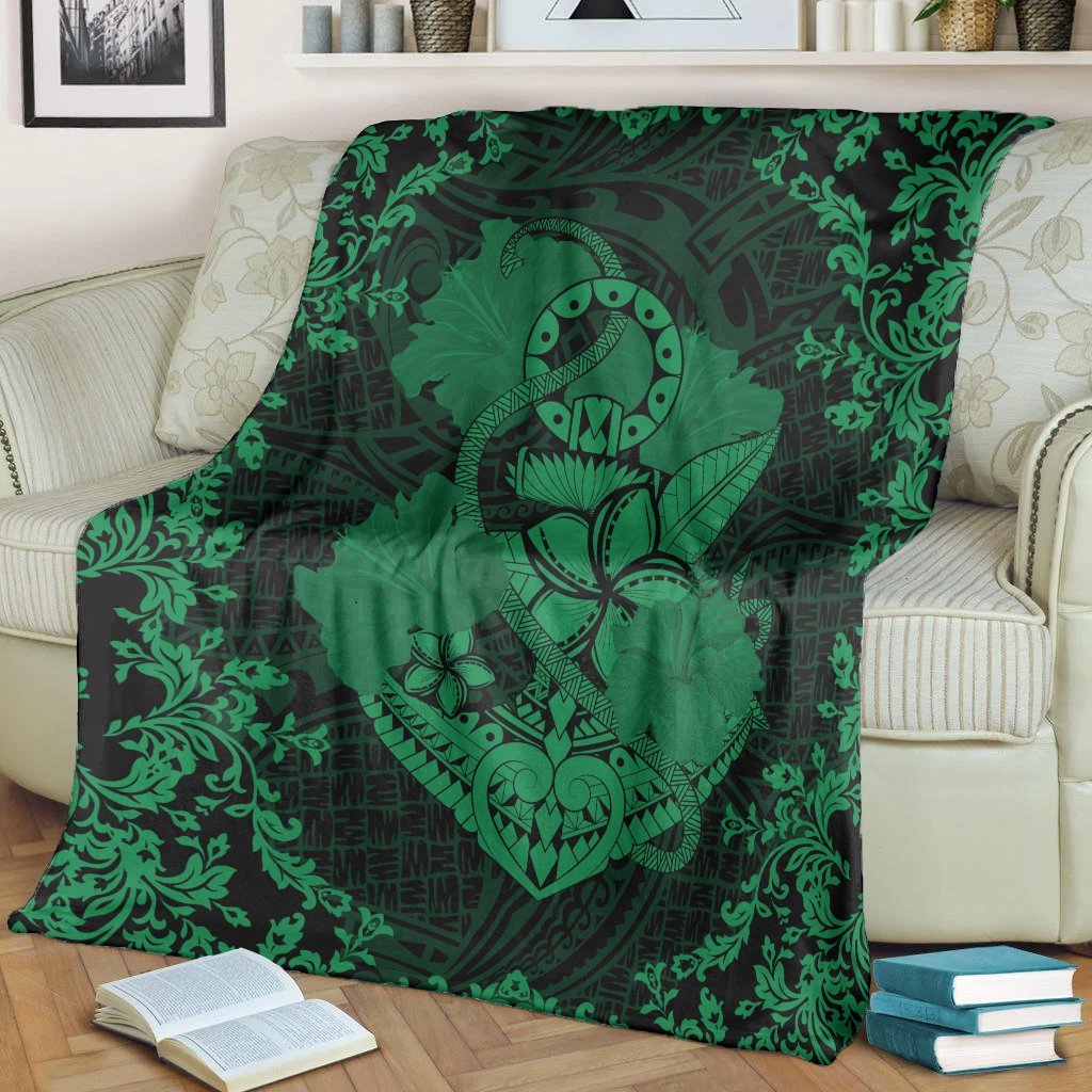 Hawaii Anchor Hibiscus Flower Vintage Premium Blankets - AH - Green - Polynesian Pride