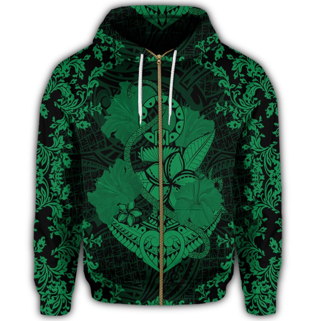 Hawaii Anchor Hibiscus Flower Vintage Zip Hoodie Green - Polynesian Pride