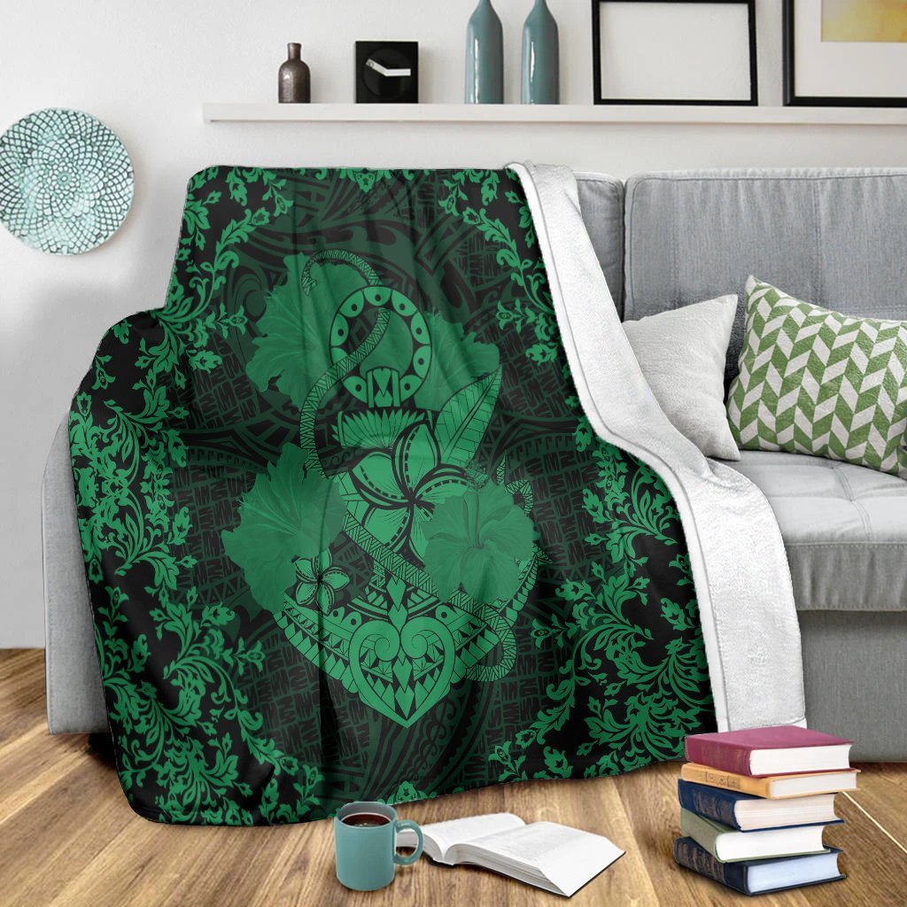 Hawaii Anchor Hibiscus Flower Vintage Premium Blankets - AH - Green - Polynesian Pride