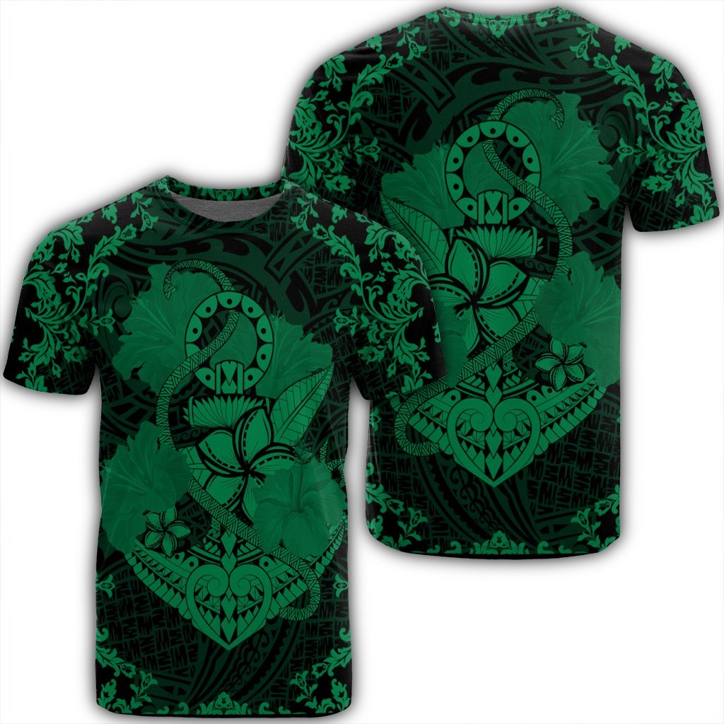 Hawaii Anchor Hibiscus Flower Vintage T Shirt Green Unisex Black - Polynesian Pride