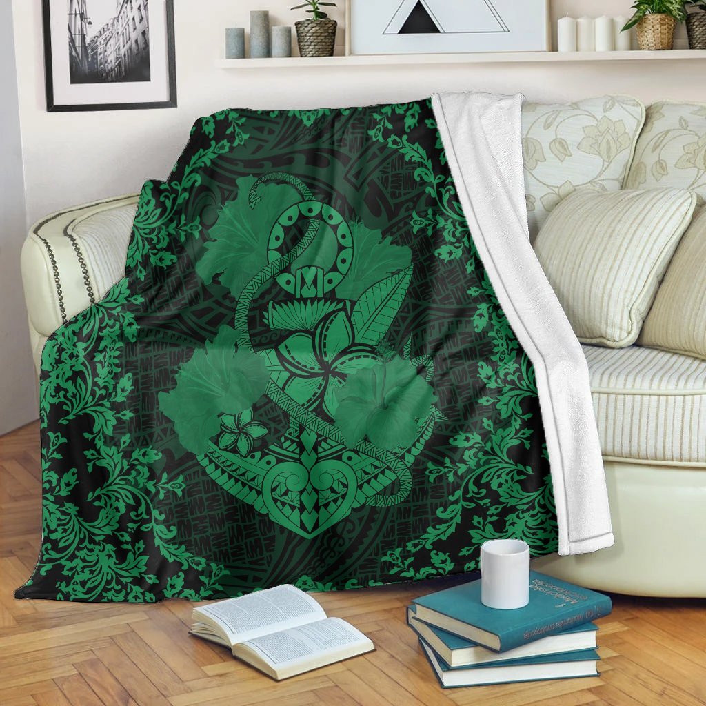 Hawaii Anchor Hibiscus Flower Vintage Premium Blankets - AH - Green White - Polynesian Pride
