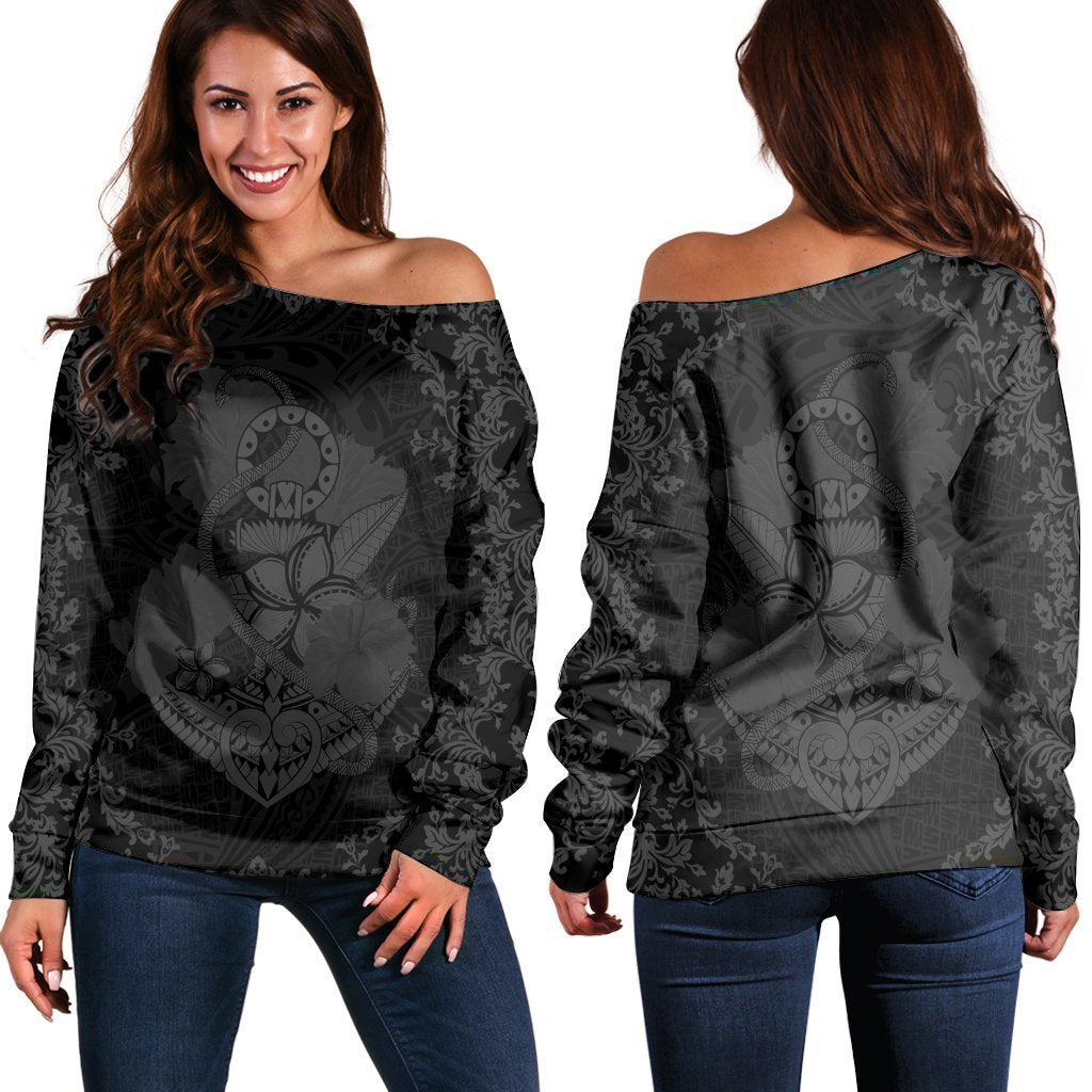 Hawaii Anchor Hibiscus Flower Vintage Women's Off Shoulder Sweater - AH - Grey Black - Polynesian Pride