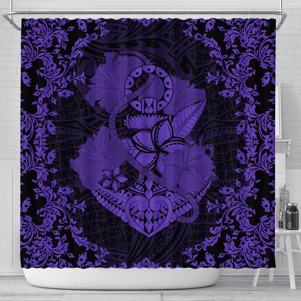 Hawaii Anchor Hibiscus Flower Vintage Shower Curtain - AH - Purple 177 x 172 (cm) Black - Polynesian Pride