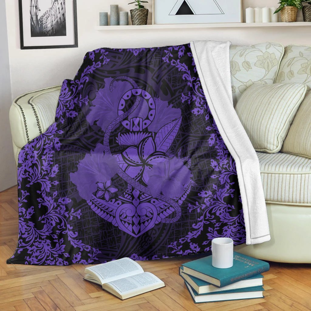Hawaii Anchor Hibiscus Flower Vintage Premium Blankets - AH - Purple White - Polynesian Pride