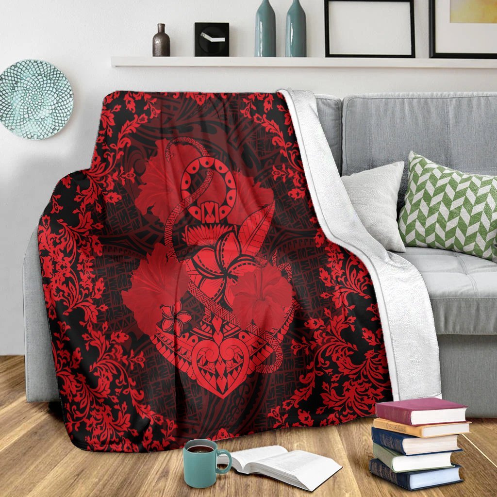 Hawaii Anchor Hibiscus Flower Vintage Premium Blankets - AH - Red - Polynesian Pride