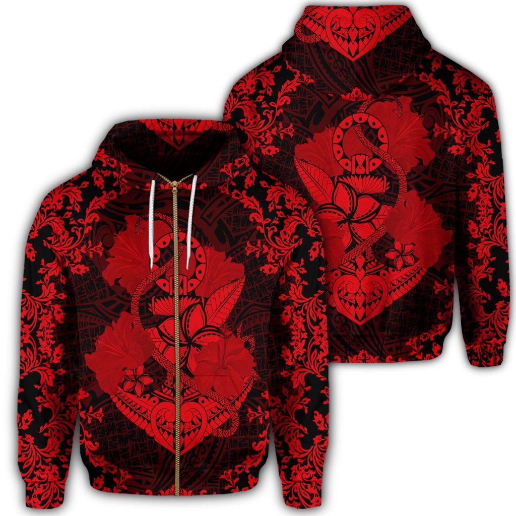 Hawaii Anchor Hibiscus Flower Vintage Zip Hoodie Red Unisex Art - Polynesian Pride