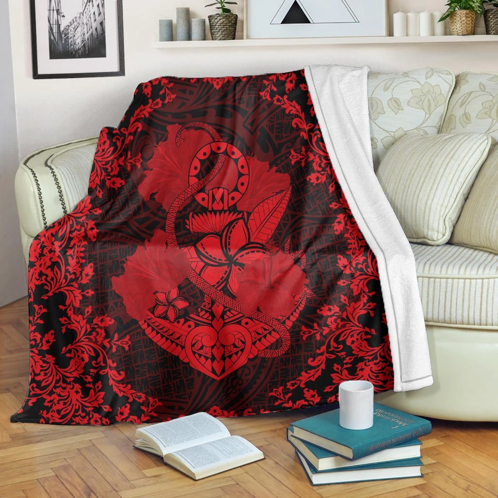 Hawaii Anchor Hibiscus Flower Vintage Premium Blankets - AH - Red White - Polynesian Pride