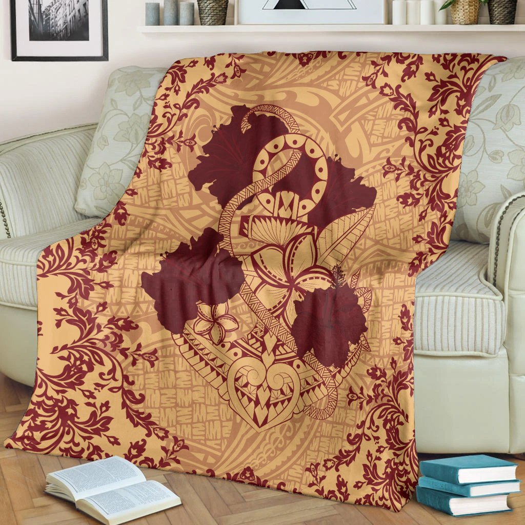 Hawaii Anchor Hibiscus Flower Vintage Premium Blankets - AH - Red Orange - Polynesian Pride