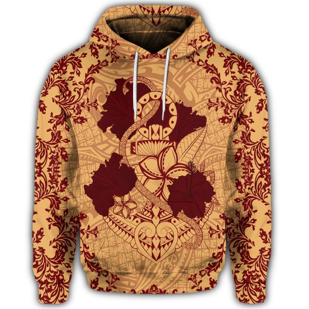 Hawaiian Anchor Hibiscus Flower Vintage Hoodie Red Orange - Polynesian Pride