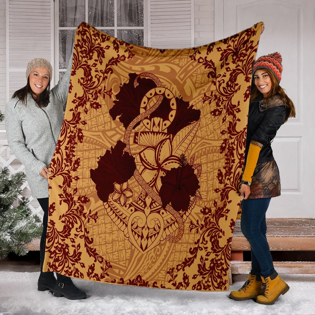 Hawaii Anchor Hibiscus Flower Vintage Premium Blankets - AH - Red Orange - Polynesian Pride
