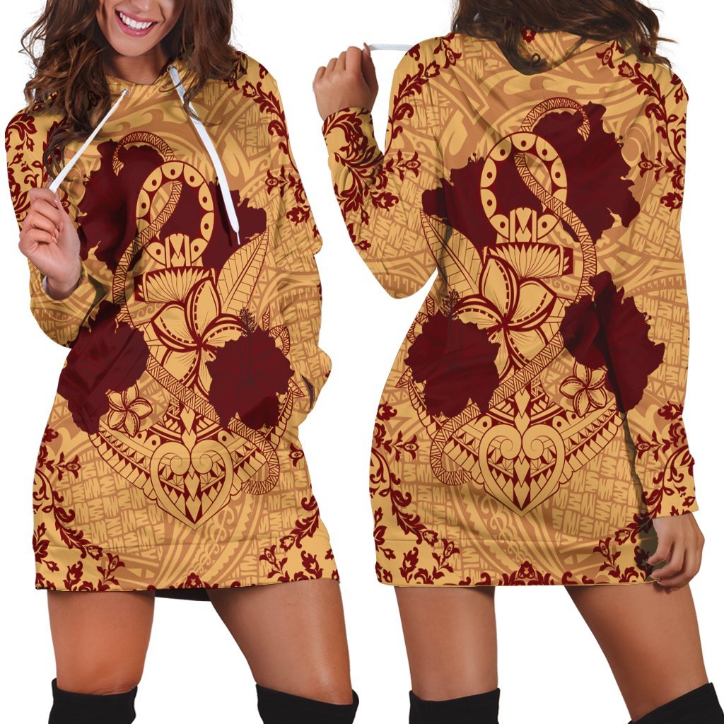 Hawaii Anchor Hibiscus Flower Vintage Hoodie Dress - AH - Red Orange Black - Polynesian Pride