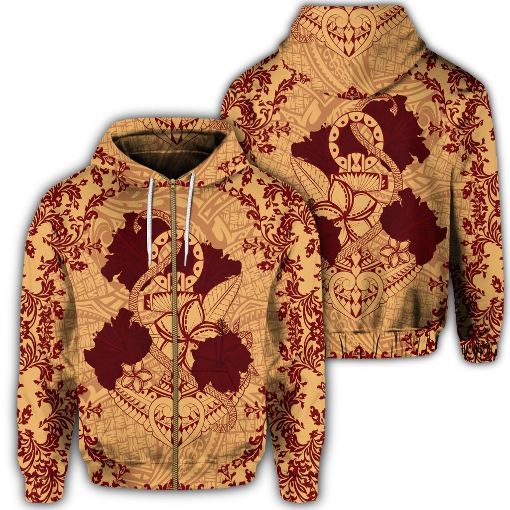 Hawaii Anchor Hibiscus Flower Vintage Zip Hoodie Red Orange Unisex Art - Polynesian Pride