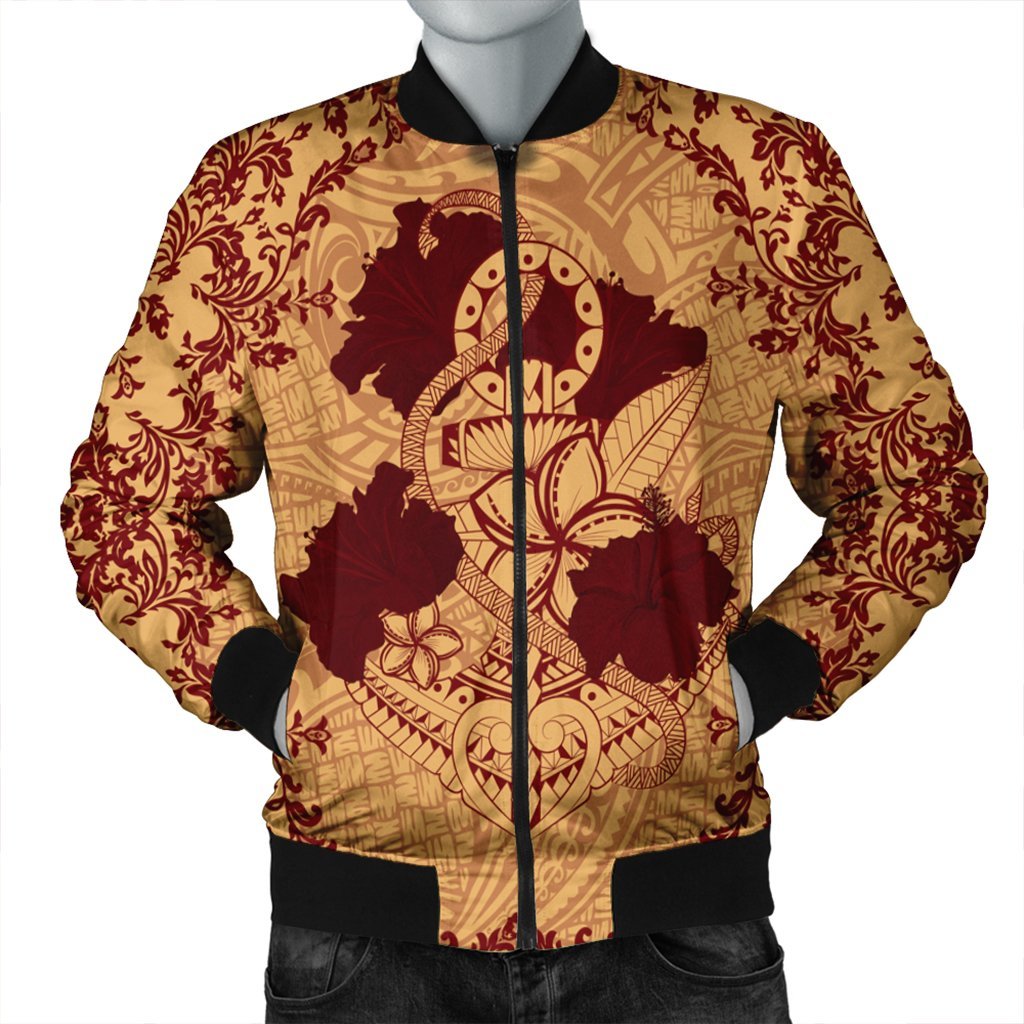 Hawaii Anchor Hibiscus Flower Vintage Bomber Jacket - AH - Red Orange Black Unisex - Polynesian Pride