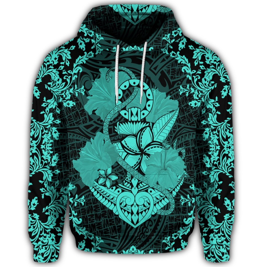 Hawaiian Anchor Hibiscus Flower Vintage Hoodie Turquoise - Polynesian Pride