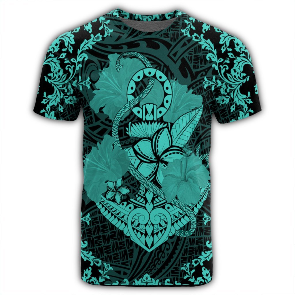 Hawaii Anchor Hibiscus Flower Vintage T Shirt Turquoise - Polynesian Pride