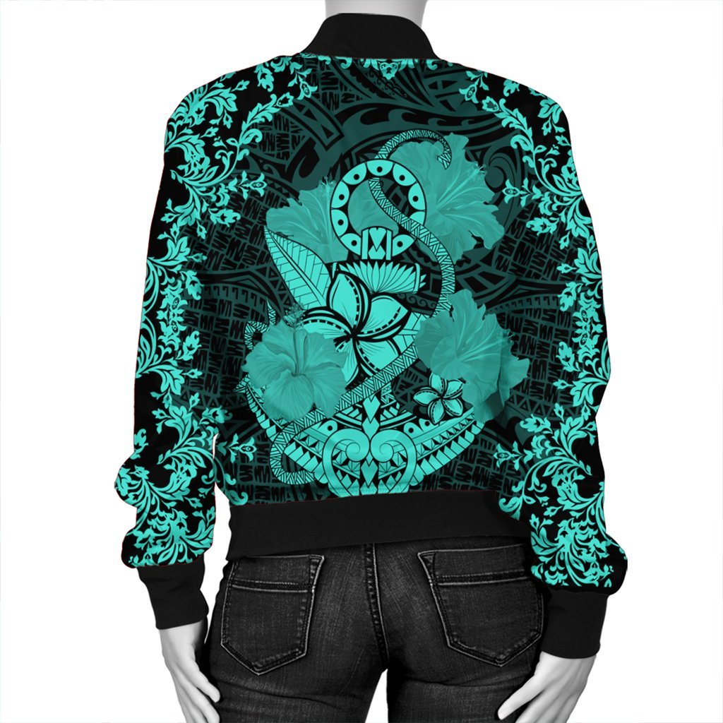 Hawaii Anchor Hibiscus Flower Vintage Bomber Jacket - AH - Turquoise - Polynesian Pride