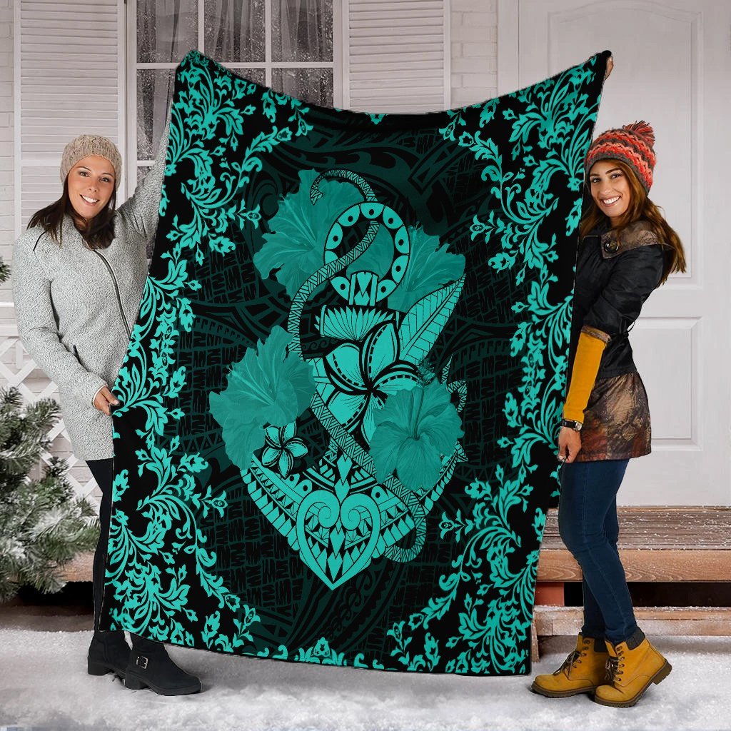 Hawaii Anchor Hibiscus Flower Vintage Premium Blankets - AH - Turquoise - Polynesian Pride