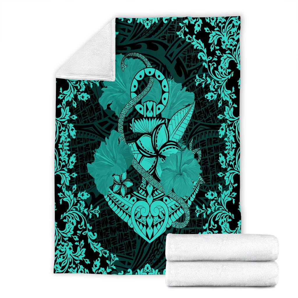 Hawaii Anchor Hibiscus Flower Vintage Premium Blankets - AH - Turquoise - Polynesian Pride