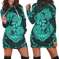Hawaii Anchor Hibiscus Flower Vintage Hoodie Dress - AH - Turquoise Black - Polynesian Pride
