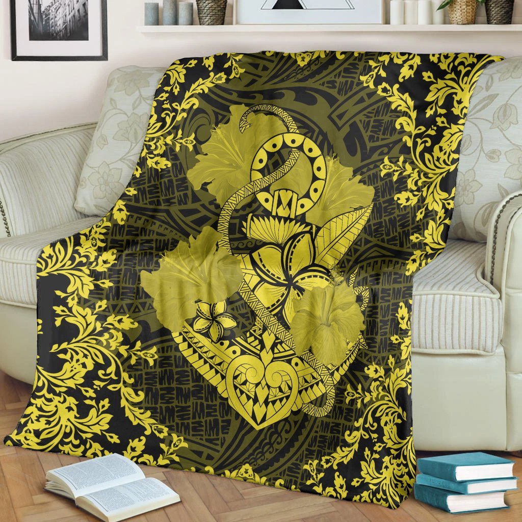 Hawaii Anchor Hibiscus Flower Vintage Premium Blankets - AH - Yellow - Polynesian Pride