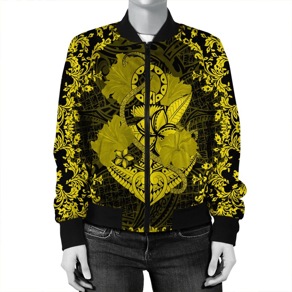 Hawaii Anchor Hibiscus Flower Vintage Bomber Jacket - AH - Yellow - Polynesian Pride