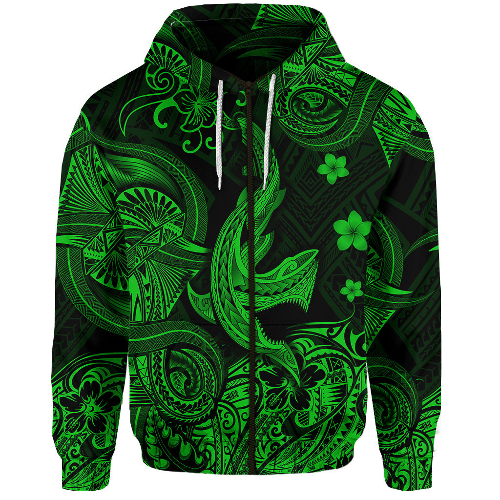 Hawaii Angry Shark Polynesian Zip Hoodie Unique Style Green LT8 - Polynesian Pride