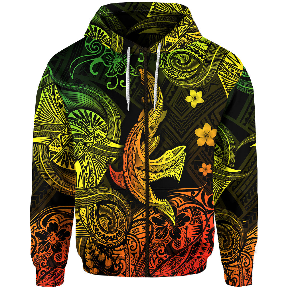 Custom Hawaii Angry Shark Polynesian Zip Hoodie Unique Style Reggae LT8 - Polynesian Pride