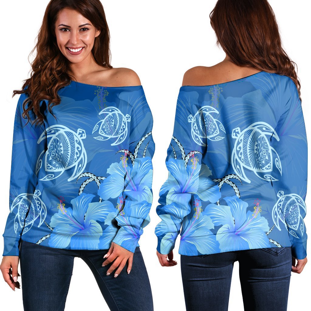 Hawaii Blue Hibiscus Turtle Polynesian Women's Off Shoulder Sweater - AH Black - Polynesian Pride