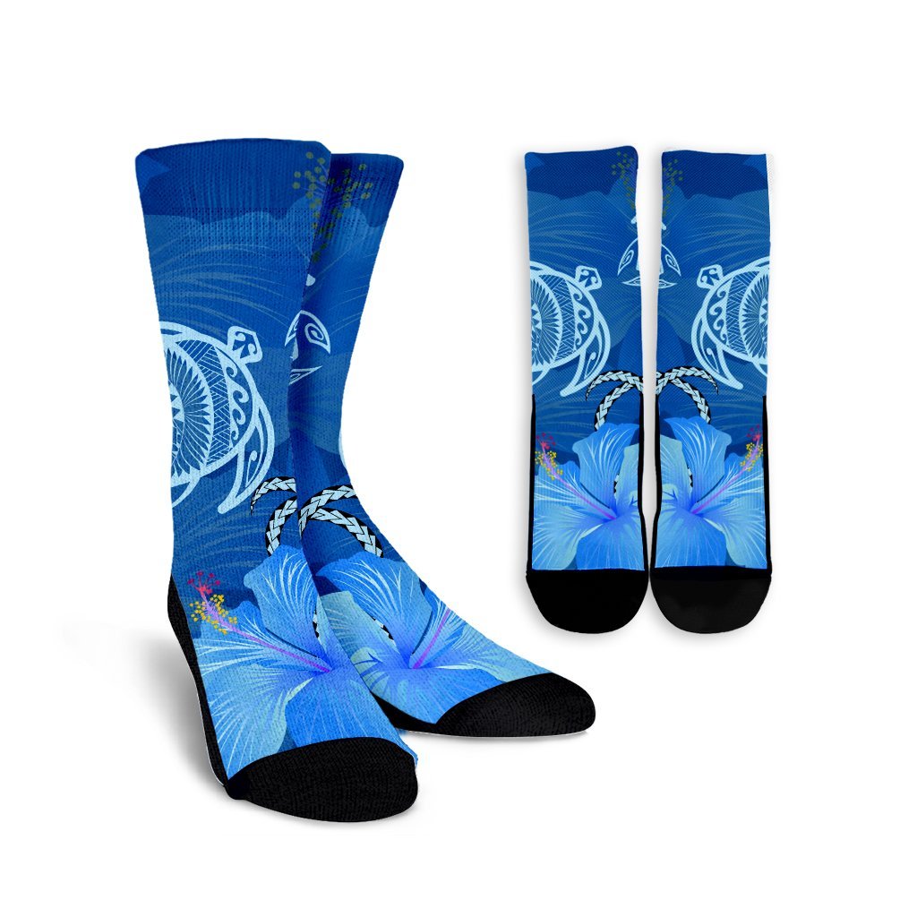 Hawaii Blue Hibiscus Turtle Polynesian Crew Socks - AH Crew Socks White - Polynesian Pride