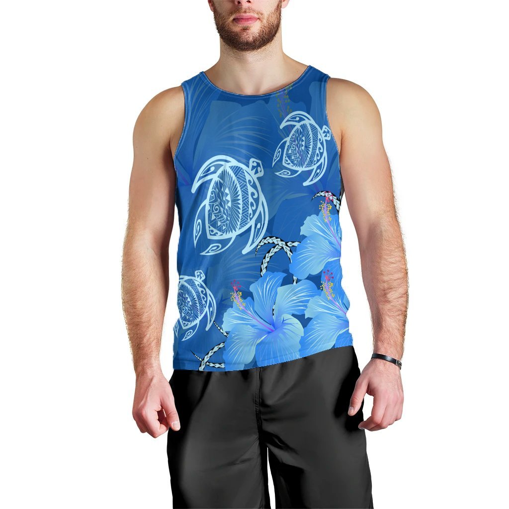 Hawaii Blue Hibiscus Turtle Polynesian Tank Top - AH Black - Polynesian Pride