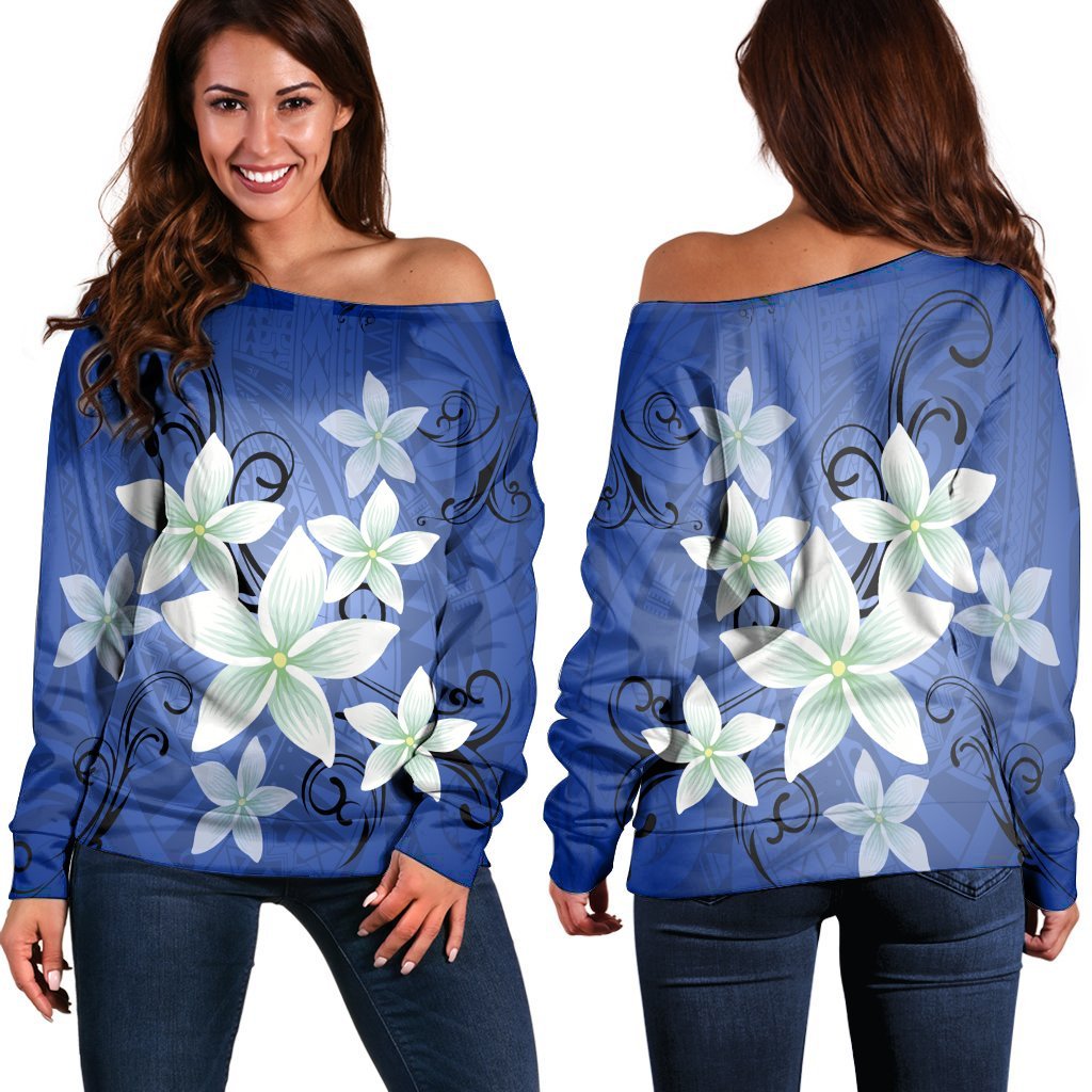 Hawaii Blue Plumeria Women's Off Shoulder Sweater - AH Black - Polynesian Pride